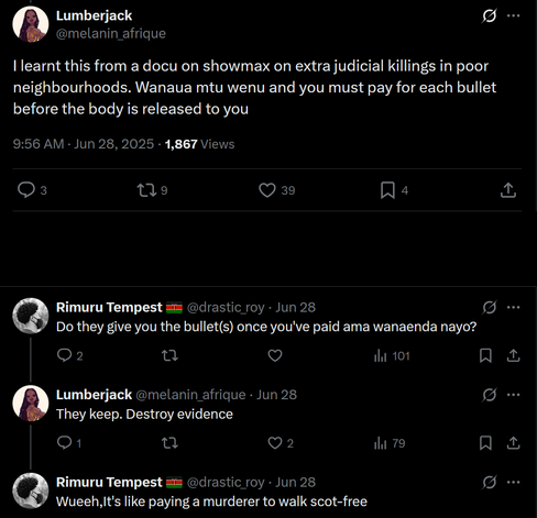 The image shows a series of tweets on a social media platform. The first tweet, by a user named Lumberjack with the handle [@]melanin_afrique, is timestamped at 9:56 AM on June 28, 2025, and has garnered 1,867 views. It discusses a documentary on Showmax about extra-judicial killings in poor neighborhoods, mentioning that families must pay for each bullet before the body is released. The second tweet, by a user named Rimuru Tempest with the handle [@]drastic_roy, asks if the bullets are given after payment. The third tweet, by Lumberjack, confirms that the bullets are kept and evidence is destroyed. The fourth tweet, by Rimuru Tempest, expresses disbelief at the situation, likening it to paying a murderer to walk free. The tweets are displayed against a black background, with user avatars and profile names visible.
