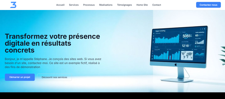 Bonjour, je m'appelle Stéphane. Je conçois des sites web. Si vous avez besoin d'un site, contactez-moi. Ce site est un exemple fictif, réalisé à des fins de démonstration