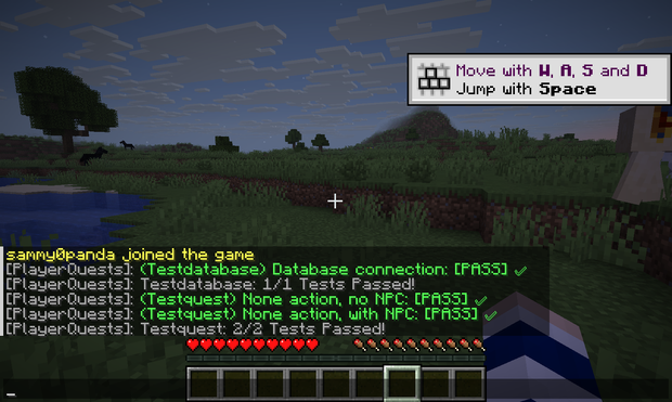 video game, Minecraft; plains with little lake to the left and a mountain in the distance

in-game chat reads

sammy0panda joined the game
Database connection: PASS
Testdatabase: 1/1 Tests Passed!
None action, no NPC: PASS
None action, with NPC: PASS
Testquest: 2/2 Tests Passed!