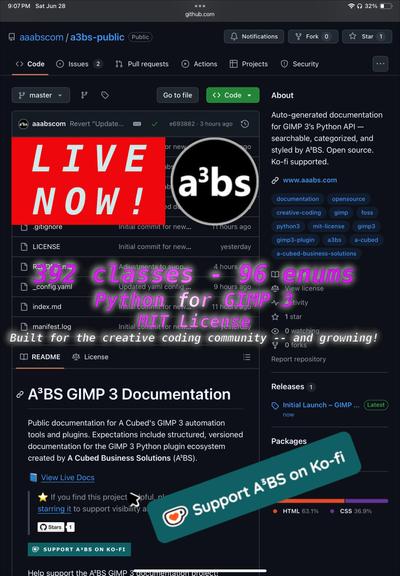 Image displays a screen grab of our a3bs-public repository featuring new architectural documents for extending GIMP 3.0.4 using Python.