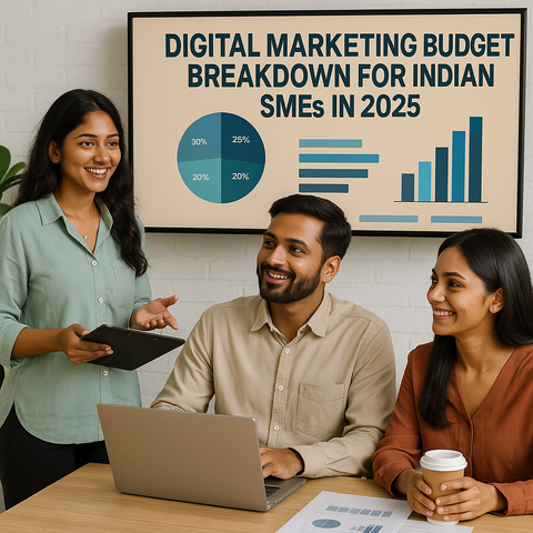 A business meeting depicts three Indian professionals reviewing a pie chart detailing the digital marketing budget breakdown for Indian SMEs in 2025.