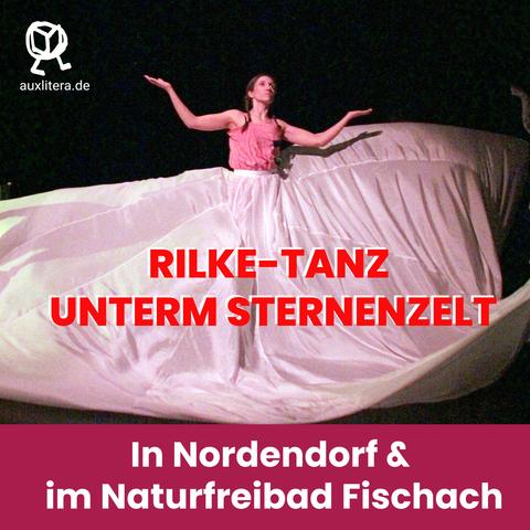 Eine Tänzerin mit riesigem, sehr weitem Kleid, die die Arme anhebt. Zwei Drittel des Bilds sind durch das große schwingende Kleid gefüllt.