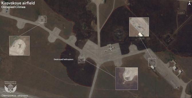 🇺🇦🇷🇺 Satellite imagery shows the aftermath of the Ukrainian strike on the Kirvoskoye airfield in Crimea.

What is almost certainly three calcinated helicopters can be seen tho it is impossible to know the type. Burned grass is almost visible around the Pantsir air defense system, the damage to the vehicle itself is unknown.

→ Geolocations: 
🗺️ Coordinates: 45°10'00"N 35°11'32"E

>LEAKLIV:/