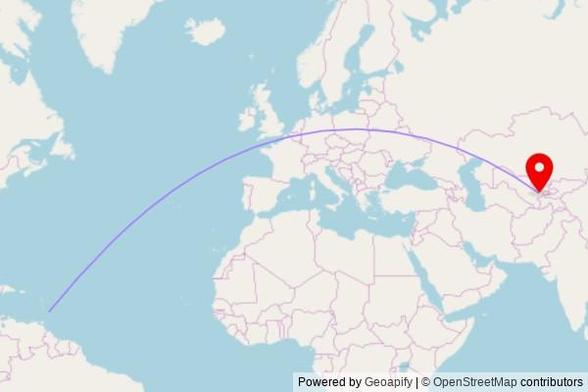 A map showing the great circle route from Bridgetown in Barbados to a map pin at jom'e masjid, Пахтакор-Гагарин, Pakhtakor, Jizzakh Region, Uzbekistan, 130900
