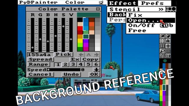 PyDPainter program, with Palette opened. With a enlarged Effet / Background / Open... menu. Background reference title. thumbnail for youtube video.