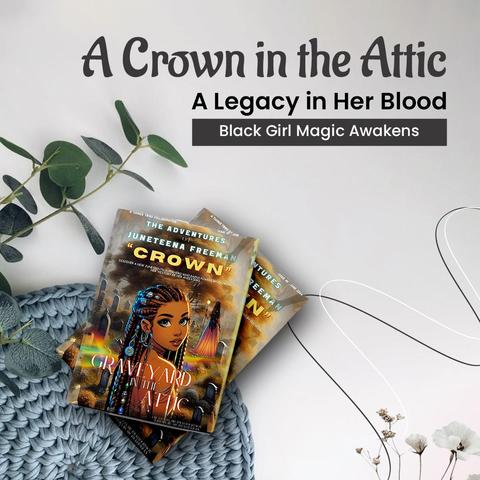 This is the cover image for the Pinterest board “Graveyard in the Attic,” featuring the illustrated book cover with a young Black girl wearing braids and glowing jewelry. The image conveys magic, faith, and ancestral power by being surrounded by spiritual symbols. The text overlay reads: “Unlock the Past. Embrace the Power.”