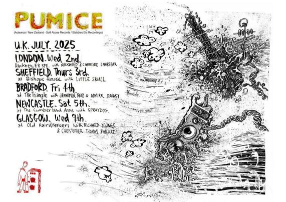 digital flyer for the 6 dates July 2025 tour of the UK by Aotearoa / New Zealand artist Pumice - Black and white drawing of an electric guitar and an amplifier in a kind of graphical tempest