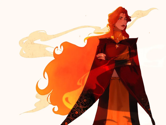 The image depicts a character with long, flowing orange hair that resembles flames, suggesting a fiery theme. The character is wearing a richly colored red and orange outfit, with a long, flowing cape that has intricate black patterns along the edges. The cape is open, revealing a matching orange garment underneath. The character's arms are crossed, and they are wearing a necklace with a star-shaped pendant. The background is plain white, with subtle, wispy orange and beige lines that enhance the fiery theme. The character's posture and attire suggest a sense of power and confidence.