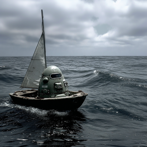 Midjourney Prompt: A sleeping, extremely sweaty robot in a small sailboat on the vast ocean, surrounded by gentle waves under a scorching sun, detailed metallic texture with visible rust and wear, beads of sweat glistening on its surface, serene yet surreal atmosphere, high detail, cinematic lighting, photorealistic style --sref 25023422