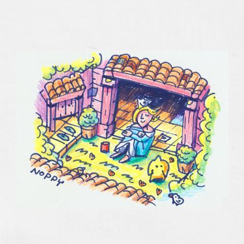 Rosalina sits peacefully in a courtyard. Her starry friend Luna is with her. Her feet are touching the grass. She looks peaceful.