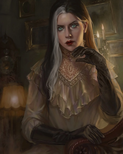 The image depicts a woman with a striking appearance, seated in a dimly lit room. She has long, flowing hair that is half black and half white, cascading over her shoulders. Her eyes are a vivid green, and she wears a pale, ruffled blouse with intricate lace detailing around the neckline. The blouse is complemented by long, black gloves that extend to her elbows. Her expression is serious, and she rests her chin on her hand, which is adorned with a black glove.

The background features a warm, ambient glow from a lamp and candles, enhancing the vintage atmosphere. The room is decorated with framed pictures on the wall, adding to the historical ambiance. The lighting creates a moody, intimate setting, with shadows playing across the woman's face and the surrounding objects. The overall composition and attire suggest a Victorian or Gothic aesthetic.