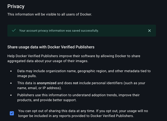 Screenshot of Docker app's opt out/in dialog. Hard to tell which it is as the section title is phrased affirmatively, while the phrasing of the checkbox description does not explicitly state that the checkbox refers to opting out