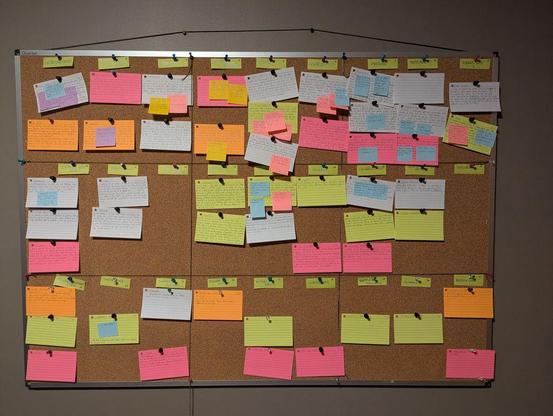 A cork board with brightly colored index cards pinned to it. The index cards are covered in sticky notes and it's largely a jumbled mess.