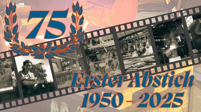 Lorbeerkranz mit der Zahl 75, Schriftzug Erster Abstich 1950-2025
dahinter stilisierter Filmstreifen mit historischen Aufnahmen