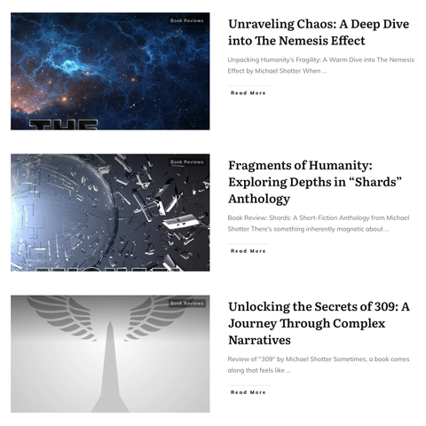 Excerpts from some reviews of Michael Shotter's books "The Nemesis Effect," "Shards," and "309" from Turn The Page