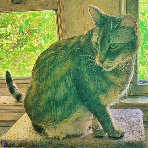 A large and muscular gray tabby, with their gaze directed offscreen, is perched on a top step of pale cat furniture, which gives access to double windows and views of green tree leaves in sunlight. The foreground, where the cat is caught in mid motion of jumping down, has more of the brushstroke filter than any other part of the illustration, making the cat stand out more than other fields of the picture, as thought partly transformed.