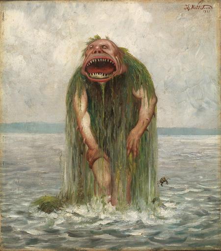 The sea, In the background we see a vague shape like a coastline, far away- In the middle a sea monster emerges, he is dripping wet, full of algae, some crabs are falling off. His face has a ridiculously large, gaping mouth with lots of sharp teeth. 