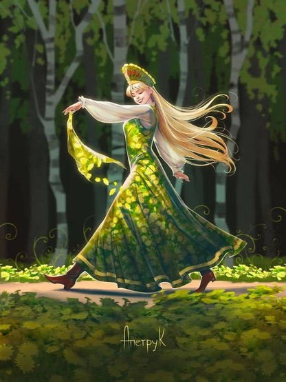 The image depicts a woman in a lush, forested setting. She is wearing a long, flowing green dress adorned with yellow floral patterns, complemented by a white blouse and a decorative headpiece. Her long, flowing blonde hair is caught in motion, suggesting movement. The dress has a golden trim, and she is wearing brown boots. She is holding a sheer, yellow fabric in her hand, which appears to be part of her dress, adding to the sense of motion. The background features tall trees with white bark and green leaves, creating a serene forest atmosphere. The ground is covered with green foliage, enhancing the natural setting. The artist's signature, "AnertyK," is visible at the bottom of the image.