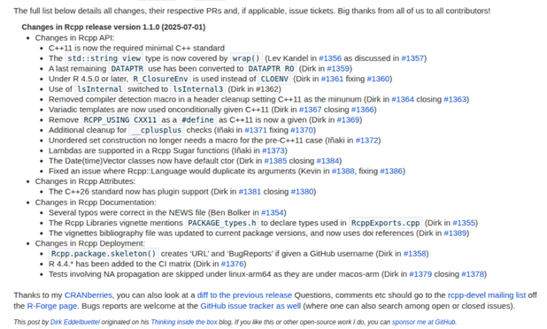 Screenshot 2 of 2 of blog post at https://dirk.eddelbuettel.com/blog/2025/07/02#rcpp_1.1.0 describing release 1.1.0 of CRAN package Rcpp