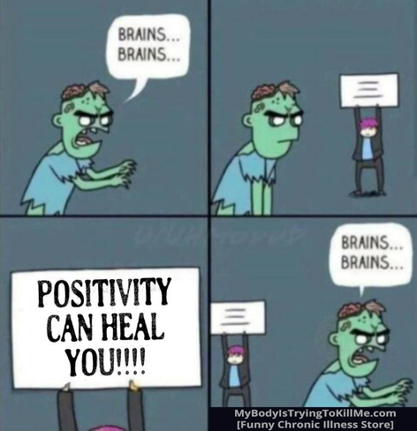 4 panel comic

1st panel: zombie saying 'brains...brains..."

2nd panel: [zombie looking annoyed, in the far distance is a guy with a sign]

3rd panel: [close-up of guy with sign] "Positivity Can Heal You"

4th panel: [guy in the background with sign still held up, zombie continues on his way, not eating the stupid guy with the sign] "Brains...Brains..."