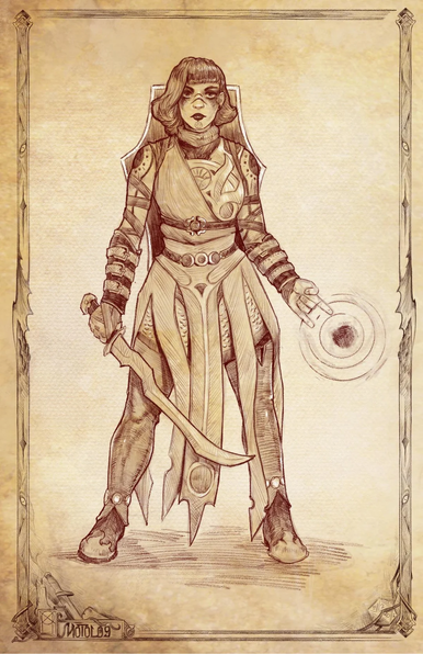 The image depicts a character in a detailed, fantasy-style illustration. The character is standing in a confident pose, holding a curved sword in the left hand and a circular object emitting concentric circles in the right hand, suggesting magical abilities. The character is wearing ornate armor with a mix of leather and metal, featuring intricate designs and patterns. The armor includes shoulder guards, arm bracers, and a belt with circular buckles. The character's attire is complemented by a long, flowing skirt with cut-out sections and a tattered hem, along with high boots. The background is a textured, parchment-like paper with a decorative border, enhancing the medieval or fantasy theme. The character's hair is styled in a bob cut, and they have a serious expression. The illustration is signed "MOTOLOG" in the bottom left corner.