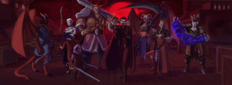 The image depicts a group of seven fantasy characters standing together in a dimly lit, red-hued environment, possibly a tavern or a ship's deck. The characters are diverse, each with unique appearances and attire, suggesting a mix of races and classes.

From left to right:

A character with a tail and horns, wearing a blue outfit with a quiver, holding a curved dagger.
A female character with white hair, dressed in a white and red outfit, holding a spear.
A large, muscular character with a bear-like appearance, wearing a fur-trimmed outfit and holding a large sword.
A character in a dark cloak, with a stern expression, holding a sword.
A character with bat-like wings, wearing a purple outfit, holding a scythe.
A female character with pale skin, wearing a brown dress, holding a red dagger.
A character with a skeletal appearance, wearing a dark outfit, holding a glowing blue orb.
The background features a red glow, possibly from a fire or magical source, and includes elements like a ship's mast and sails, suggesting a nautical setting. The characters' poses and expressions convey a sense of readiness and camaraderie, indicating they might be a team or party.