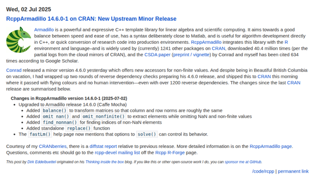 Screenshot of blog post at 
https://dirk.eddelbuettel.com/blog/2025/07/02#rcpparmadillo_14.6.0-1 describing release 14.6.0-1 of CRAN package RcppArmadillo
