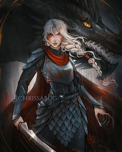 The image depicts a fantasy-themed illustration featuring a female warrior and a dragon. The warrior is dressed in dark, metallic armor with a red cape, holding a sword in her right hand. Her long, white hair is styled in a braid, and she has a determined expression. The dragon, with glowing orange eyes, is partially visible behind her, adding a sense of power and mystique to the scene. The background is dark, enhancing the dramatic effect. The artist's signature, "CHRISABUG," is visible in the image.