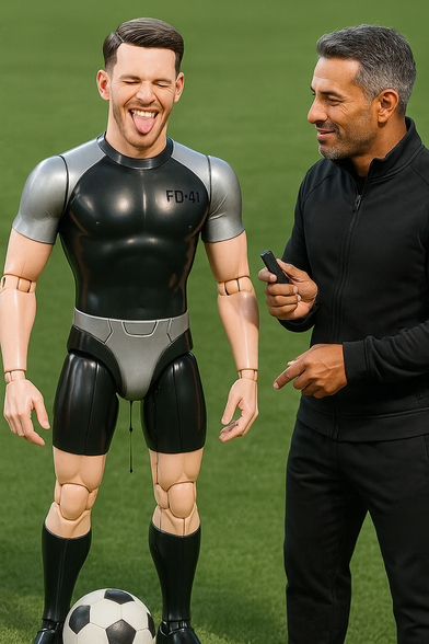 AI-generated image of a soccer/football player with doll-like joints, painted-on "FD-41" uniform, leaking oil, as a coach pushes a handheld button