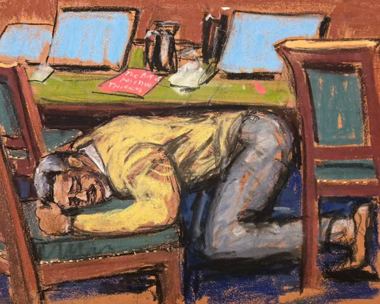 The image depicts a person lying on a chair in a room with a table in the background. The individual is wearing a yellow sweater and blue jeans, with their head resting on their arm, suggesting a state of exhaustion or distress. The person is positioned on their knees, with their body leaning forward, and their head resting on the arm of the chair. The chair has a green cushion and a wooden frame. The table behind the person has a green surface, with a red card that reads "The Art of Positive T…