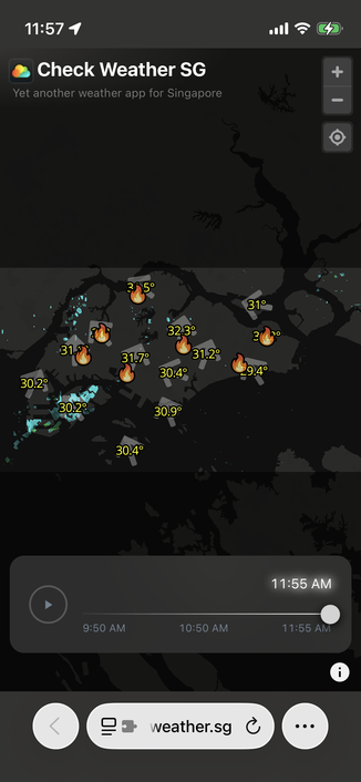 Weather map of Singapore showing temperatures ranging from 29.4°C to 32.3°C with fire icons indicating heat stress areas.