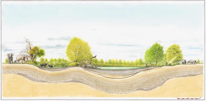 Bild: Rekonstruktion des Seebeckens in Neumark Nord mit altsteinzeitlicher Großfauna. (c) LDA Sachsen-Anhalt, Karol Schauer.