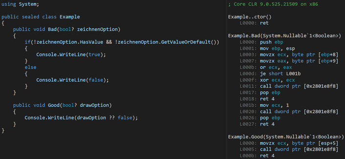 C# code examples bad/good expressions with assembler code output for performance comparison.