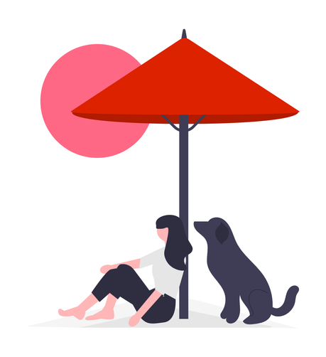 A woman and a dog protect themselves from the sunlight under a beach umbrella.
