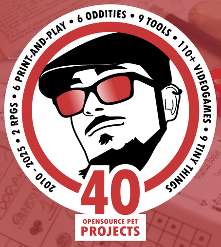 The KesieV avatar sorrounded by the text "2010 - 2025. 2 RPGs. 6 print-and-play. 6 oddities. 9 tools. 110+ videogames. 9 tiny things.". Then, the text "40 opensource pet projects". In background, a printed RPG character sheet.