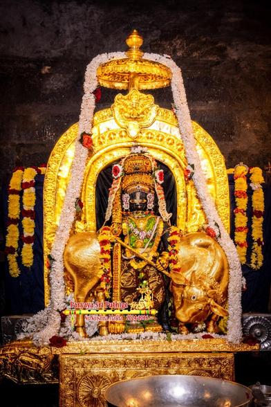 Idol of Hindu deity Krishna in green outfit standing with a gold-covered staff leaning on to his right shoulder and gold flute in hands; wearing gold shoes, gold crown, and lots of gold ornaments. The pant legs are shiny gold-embroidered borders of the green saree. A gold cow stands behind Krishna with its neck bent back and gazing Krishna's feet. Both Krishna and the cow stand on an ornate gold box. Holy basil leaves and a thin string of white jasmine flowers atop the box. A partially visible large silver bowl on the floor in front of the box.

A gold arch with broad sides behind Krishna; a small gold umbrella attached to the top middle of the arch. A thick dense white string of flowers flows down from the top of the umbrella down on either side of Krishna all the way to the floor. 

Blue cloth background. Strings of yellow flowers (with some spots of red flowers) hang down from a platform the cloth covers.