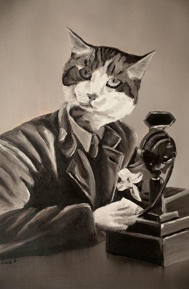 A painting of a broad-faced tomcat with a white stomach, paws, and lower face, contrasted by tabby markings on the upper half of its face and body. The painting features the cat’s head and paw, while the body, suit, desk, and microphone are based on a photograph of George Orwell.