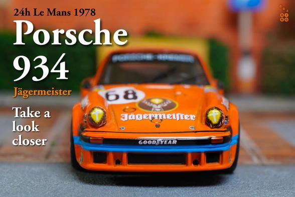 A close-up shot of Porsche 934, 24h Le Mans 1978 on Jägermeister livery in 1:64 scale on AREA 164
