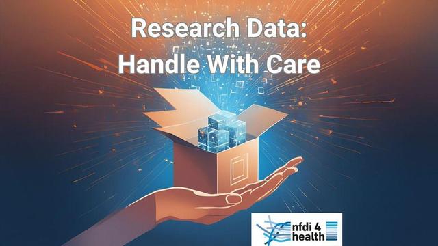 a hand holding a box of "data" with the title of the podcast and the NFDI4Health logo