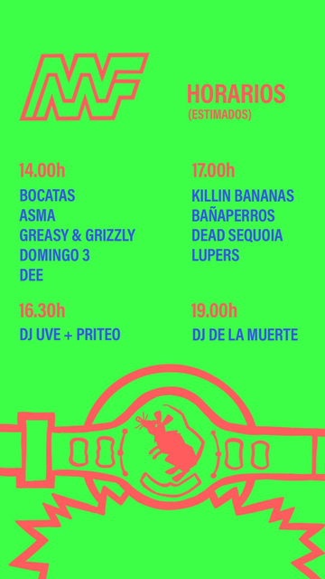 Horarios Mongolfest

14.00h 
BOCATAS 
ASMA 
GREASY & GRIZZLY 
DOMINGO 3 
DEE

16.30h 
DJ UVE + PRITEO

17.00h
KILLIN BANANAS
BAÑAPERROS
DEAD SEQUOIA
LUPERS

19.00h
DJ DE LA MUERTE
