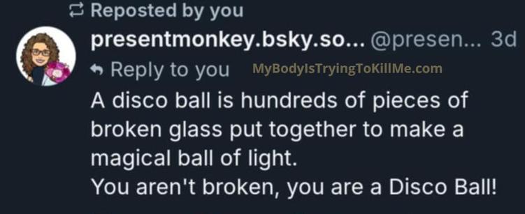 Source: presentmonkey.bsky.social


A disco ball is hundreds of pieces of broken glass put together to to make a magical ball of light. You aren't broken, you are a Disco Ball!
