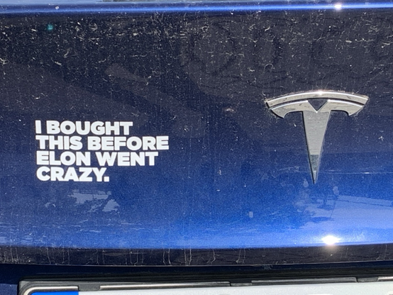 Tesla mit Aufkleber I BOUGHT THIS BEFORE ELON WENT CRAZY.