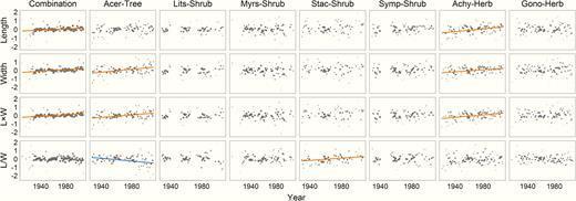 Temporal changes in leaf size and shape after correcting for collection location