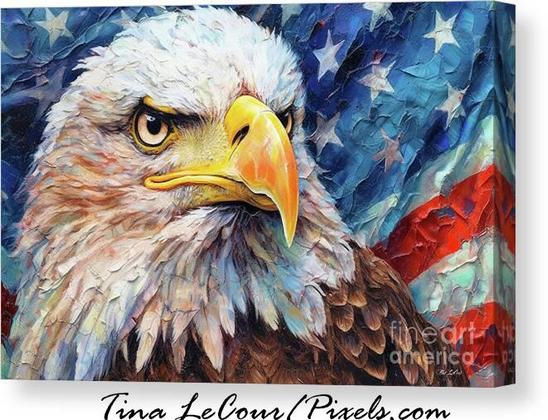 This is a mixed media canvas of a beautiful america bald eagle bird with a waving American flag in the background. 