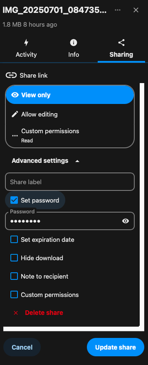 Murena Workspace Gallery that shows how you can share a photo protected by a password