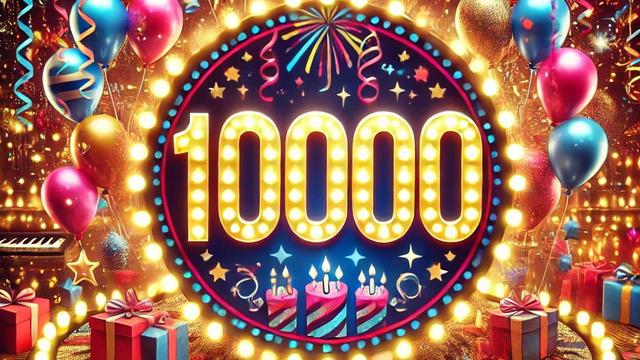 Goldene Lichter und leuchtende Dekorationen dominieren das Bild. Ein großer, runder Rahmen mit leuchtendem Rand hebt die Zahl 10.000 hervor, die von festlichen Symbolen wie Luftschlangen, Sternen und Kerzen umgeben ist. Unten befinden sich Geschenkboxen mit Schleifen, während im Hintergrund bunte Ballons und Glitzerlichter eine feierliche Atmosphäre schaffen. (KI-Grafik)
