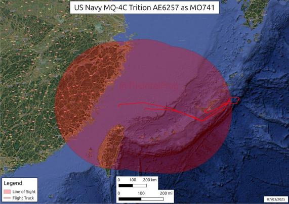 🇺🇸🇯🇵🇹🇼🇨🇳 Earlier today, a U.S. Navy MQ-4C Triton drone (tail number AE6257, callsign MO741) launched from Marine Corps Air Station Okinawa, Japan, and conducted a surveillance sortie near Taiwan, monitoring activity in the Taiwan Strait.

>LEAKLIV:/