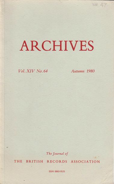 The front cover of Archives: The Journal of the British Records Association No 64 for Autumn 1980. Plain pale grey with title in deep red.