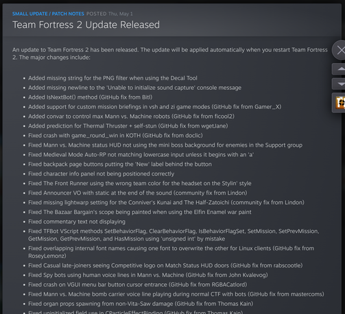 TF2 changelog showing a huge list of fixes attributed to "GitHub fix from somename"