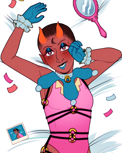 Dakimakura pinup design of the awful clown Valentino from Pink Sugar. It has rancid vibes, and not only because Alex's wife writes these alt text descriptions.